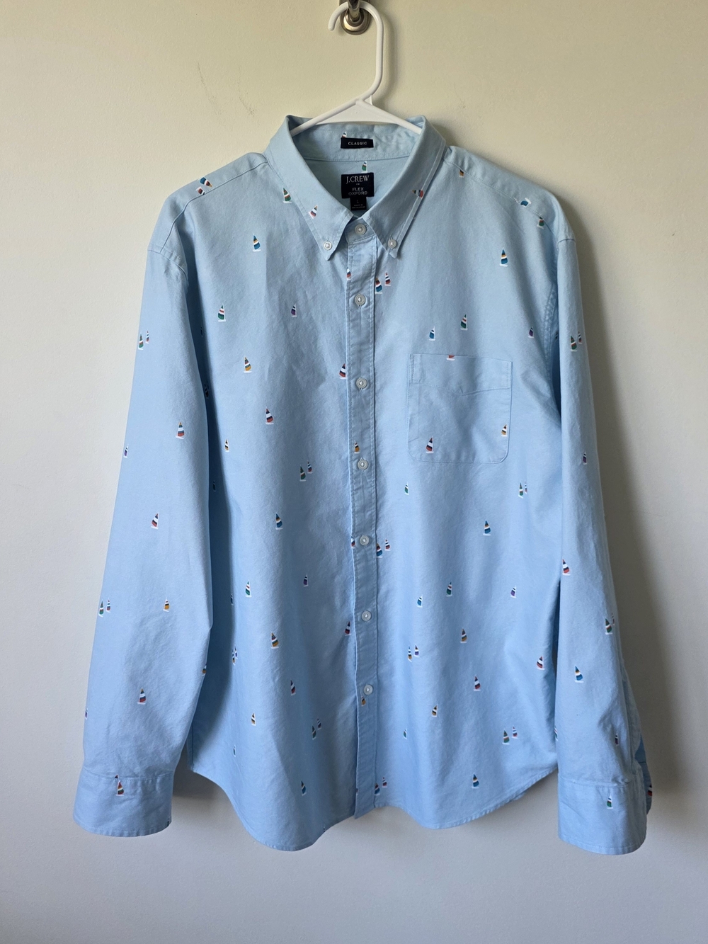 J.Crew Flex Oxford Classic Fit Shirt Sailboat Print Blue Cotton L Nautical Beach